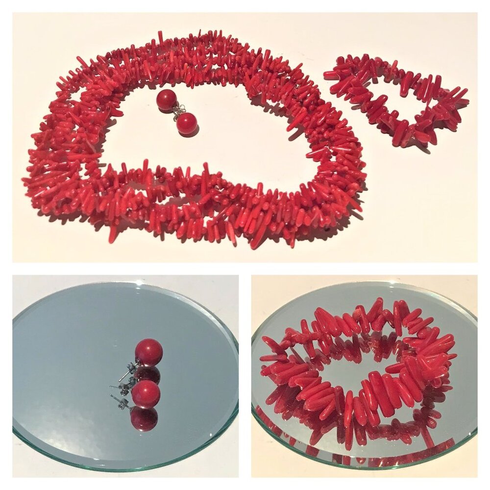 Collectible Genuine Red Coral Necklace Bracelet Earring 3pc Set Natural